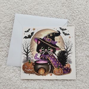 Halloween Cat Greeting Card with Purple Accents Diamond Painting Art Frameable